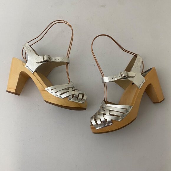Swedish Hasbeens Toffel Sandals w Heel Shoes Silver Metallic - Picture 2 of 10